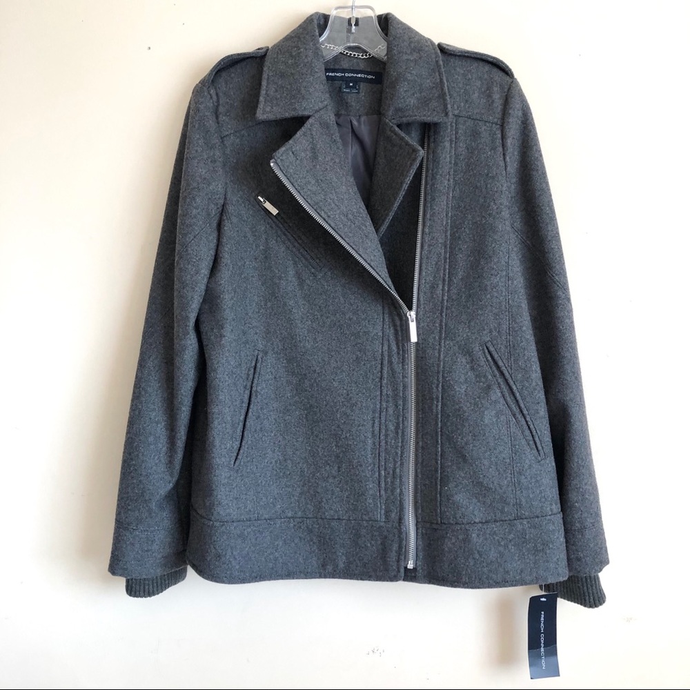 French Connection Grey Wool Blend Biker Jacket M